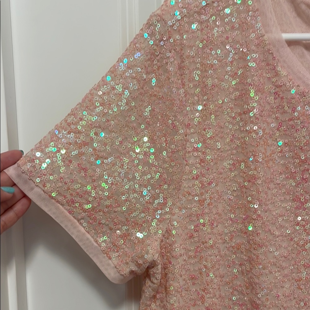 Anne Klein Sequin Pink Short Sleeve Tee - Picture 3 of 4